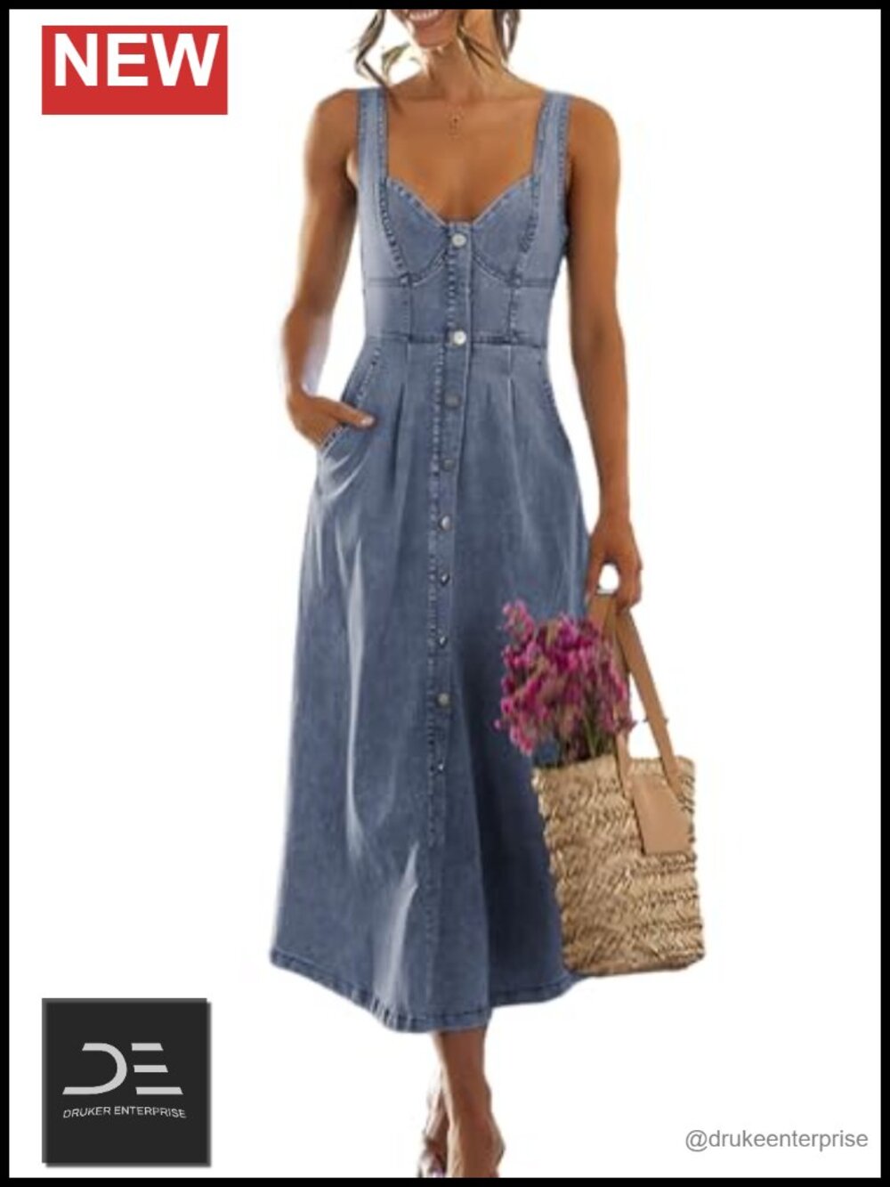 Stretchy Smocked Denim Babydoll Midi Dress Sleeveless Button Down